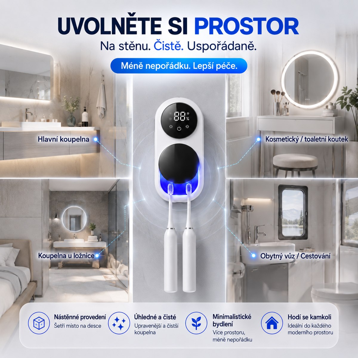 BILLHOL® WaveSense bezdotyková pokročilá UV sterilizační a sušicí stanice pro dva zubní kartáčky s automatickým senzorovým víkem