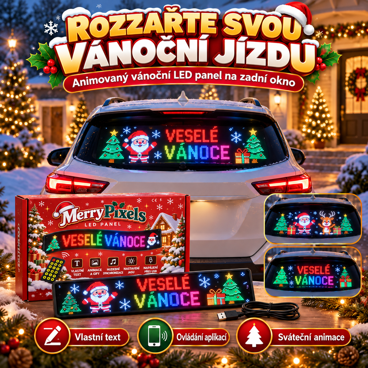 BILLHOL® 🎄Vánoční LED displej do zadního okna auta 2026 – Limitovaná vánoční edice s animovanými motivy a chytrým ovládáním přes aplikaci
