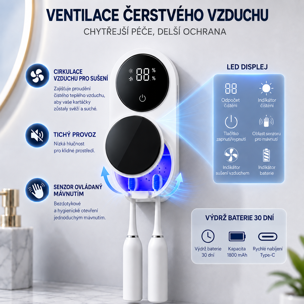 BILLHOL® WaveSense bezdotyková pokročilá UV sterilizační a sušicí stanice pro dva zubní kartáčky s automatickým senzorovým víkem