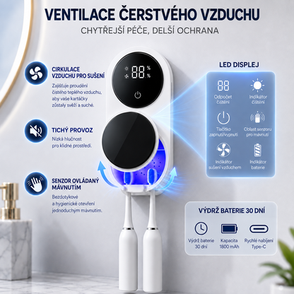 BILLHOL® WaveSense bezdotyková pokročilá UV sterilizační a sušicí stanice pro dva zubní kartáčky s automatickým senzorovým víkem