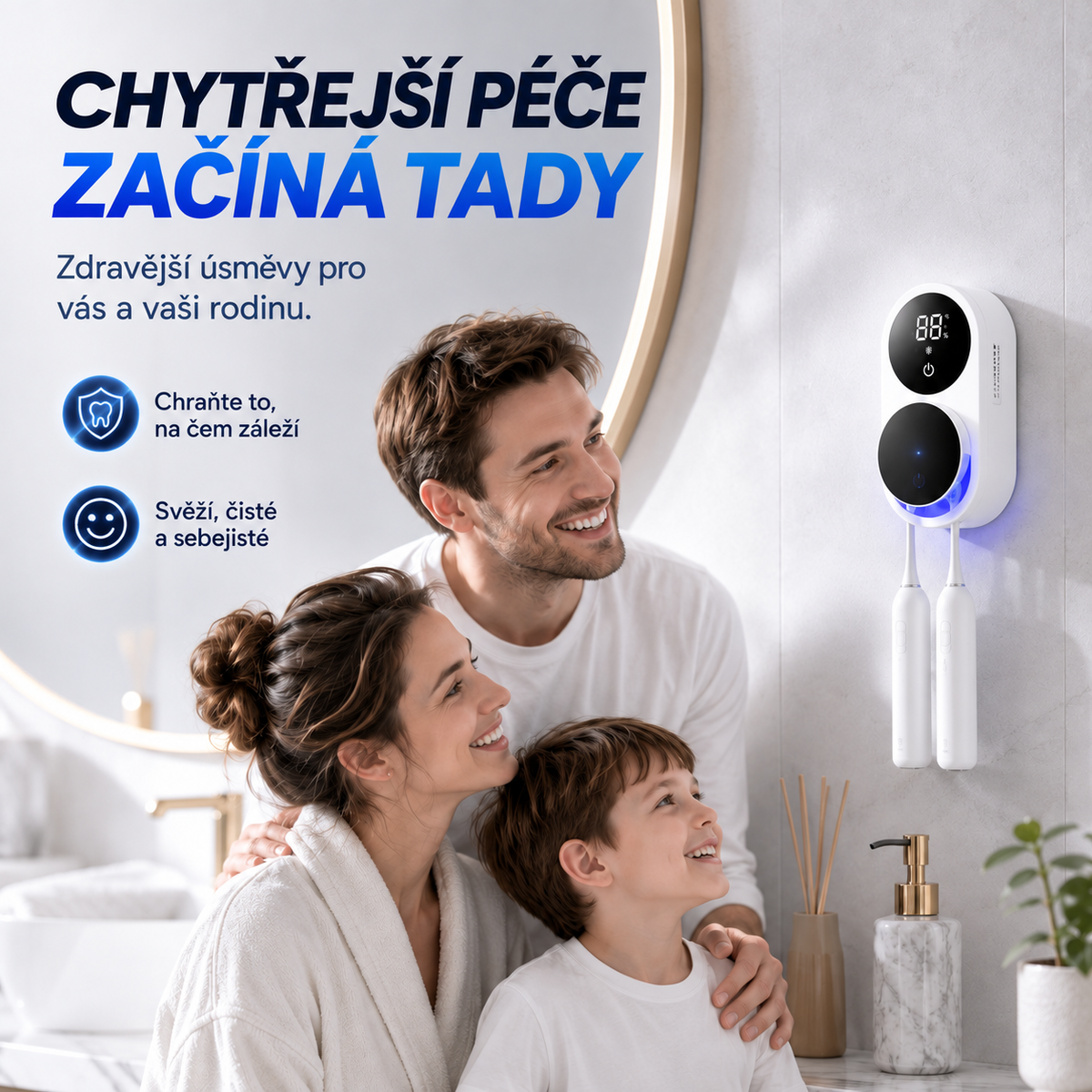 BILLHOL® WaveSense bezdotyková pokročilá UV sterilizační a sušicí stanice pro dva zubní kartáčky s automatickým senzorovým víkem