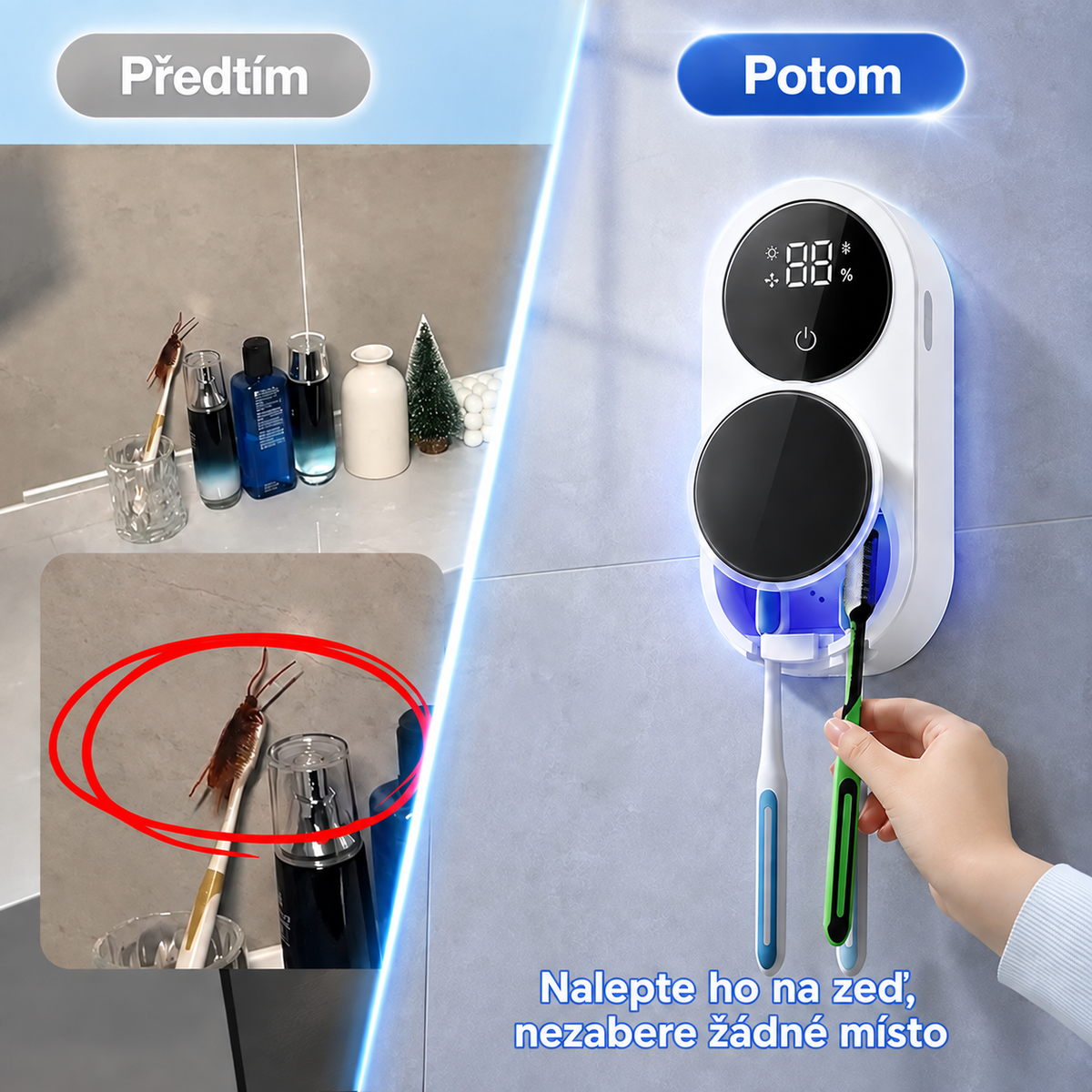 BILLHOL® WaveSense bezdotyková pokročilá UV sterilizační a sušicí stanice pro dva zubní kartáčky s automatickým senzorovým víkem
