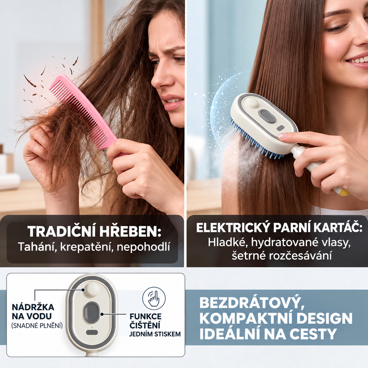 BILLHOL® ✨ Elektrický rozprašovací kartáč na vlasy 5 v 1 – Hladké, lesklé vlasy bez krepatění | Rozčesává, masíruje a osvěžuje