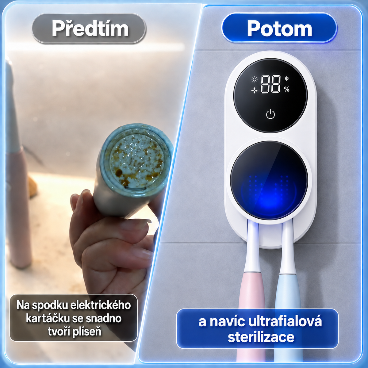 BILLHOL® WaveSense bezdotyková pokročilá UV sterilizační a sušicí stanice pro dva zubní kartáčky s automatickým senzorovým víkem