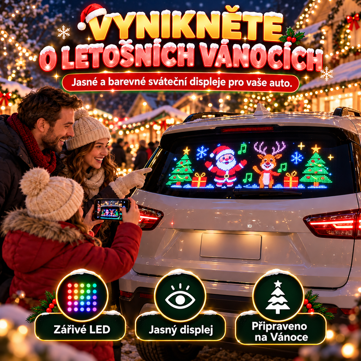 BILLHOL® 🎄Vánoční LED displej do zadního okna auta 2026 – Limitovaná vánoční edice s animovanými motivy a chytrým ovládáním přes aplikaci