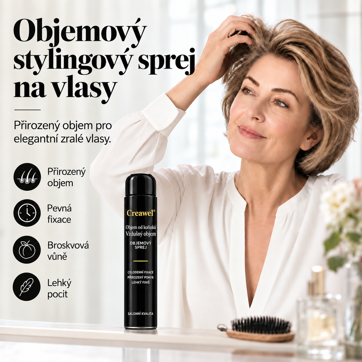 ⏳🔥 ČASOVĚ OMEZENÁ SLEVA 70 %! ⏰ Creawel® RootLift AirVolume Stylingový Sprej S Broskvovou Vůní – Okamžitý Objem Od Kořínků, Plnější Vzhled Vlasů A Pružná Fixace Po Celý Den
