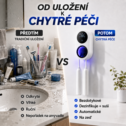 BILLHOL® WaveSense bezdotyková pokročilá UV sterilizační a sušicí stanice pro dva zubní kartáčky s automatickým senzorovým víkem
