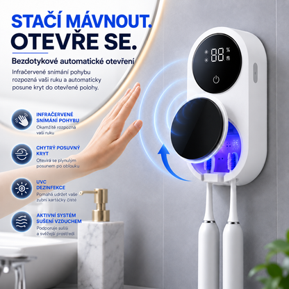 BILLHOL® WaveSense bezdotyková pokročilá UV sterilizační a sušicí stanice pro dva zubní kartáčky s automatickým senzorovým víkem
