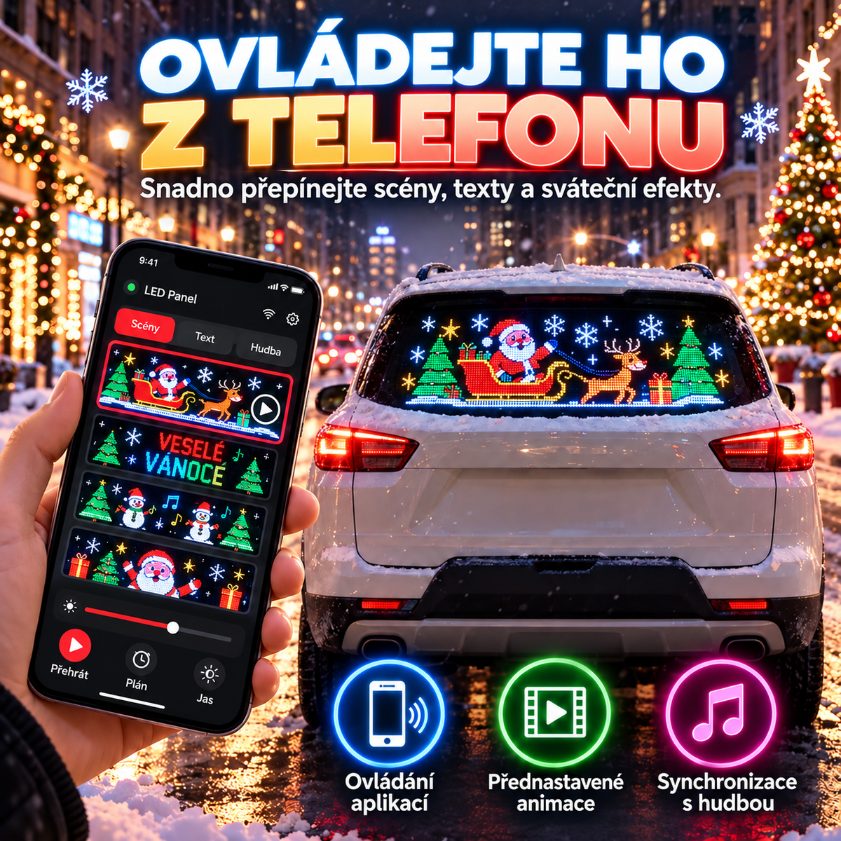BILLHOL® 🎄Vánoční LED displej do zadního okna auta 2026 – Limitovaná vánoční edice s animovanými motivy a chytrým ovládáním přes aplikaci