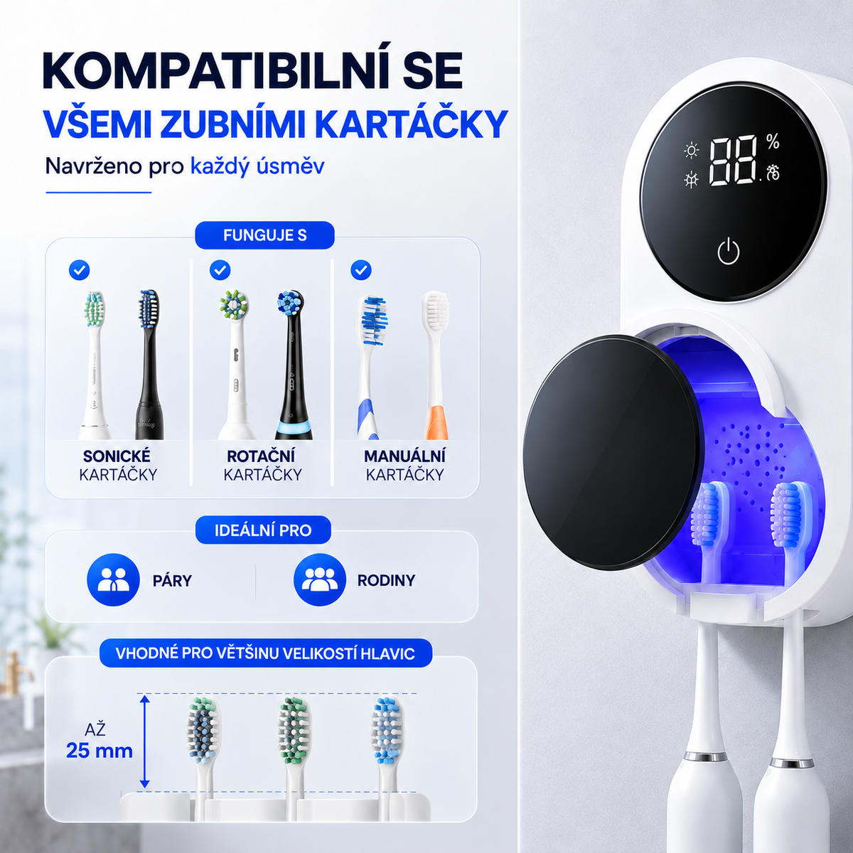 BILLHOL® WaveSense bezdotyková pokročilá UV sterilizační a sušicí stanice pro dva zubní kartáčky s automatickým senzorovým víkem