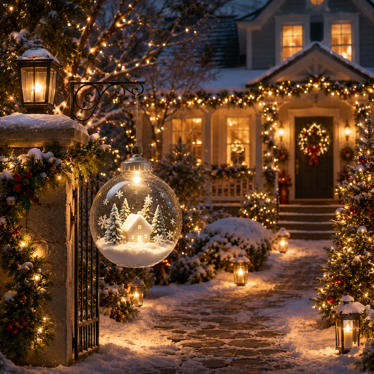 Christmas Snow‑Scene Cabin Transparent Sphere Hanging Lantern