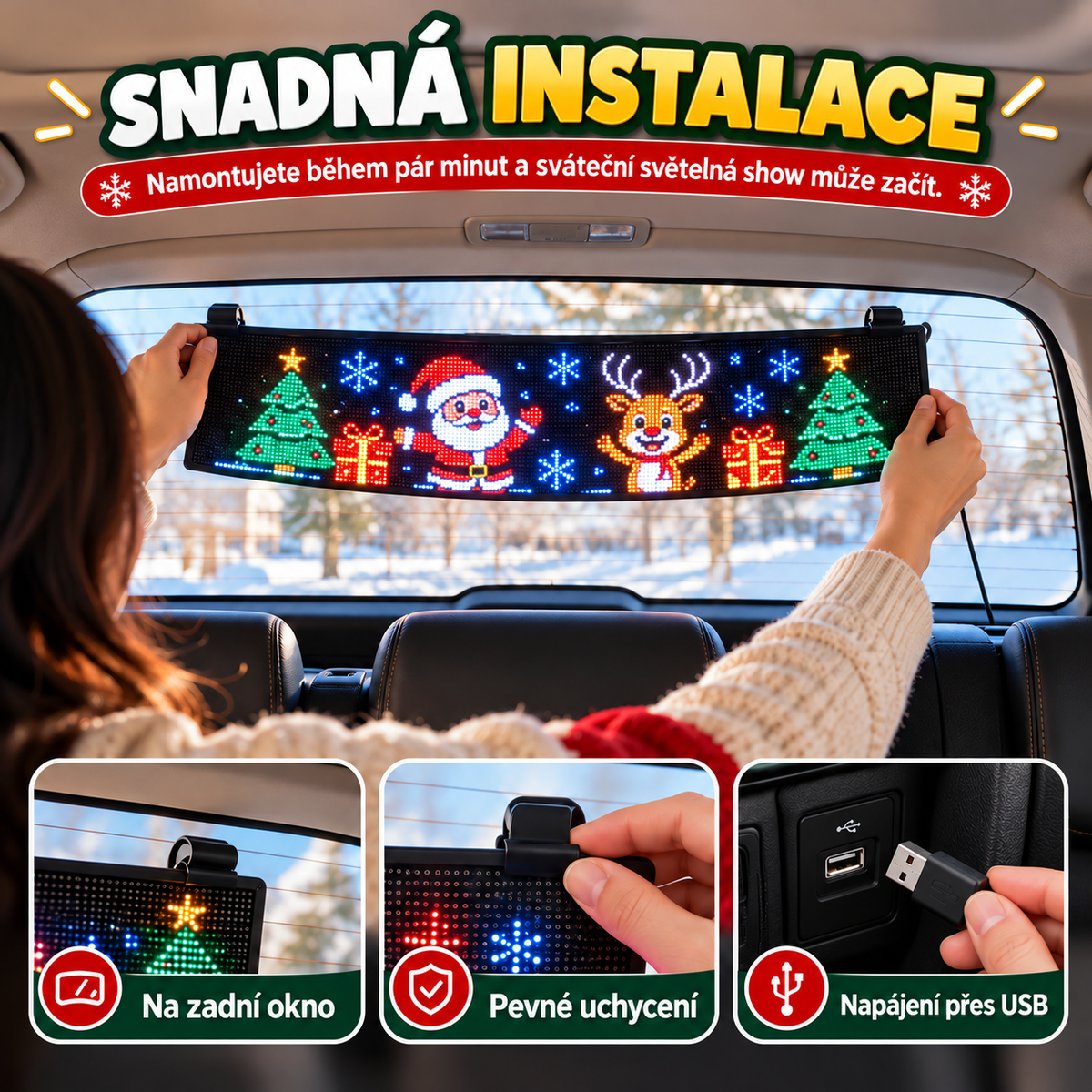 BILLHOL® 🎄Vánoční LED displej do zadního okna auta 2026 – Limitovaná vánoční edice s animovanými motivy a chytrým ovládáním přes aplikaci
