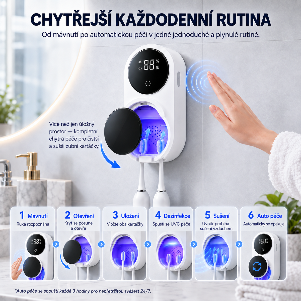 BILLHOL® WaveSense bezdotyková pokročilá UV sterilizační a sušicí stanice pro dva zubní kartáčky s automatickým senzorovým víkem